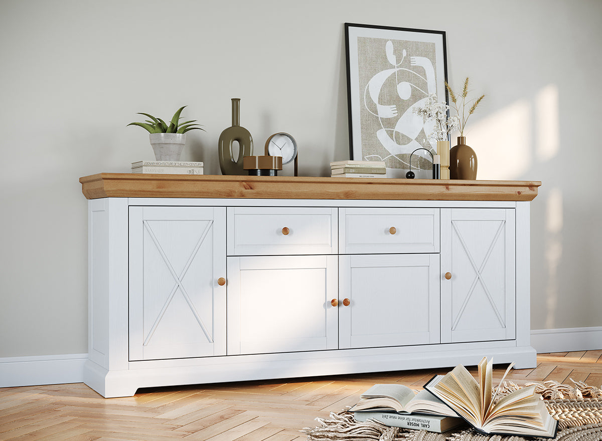 Commode Milano Elite 2.4 pin - Buffet bas élégant en blanc et pin naturel pour votre intérieur