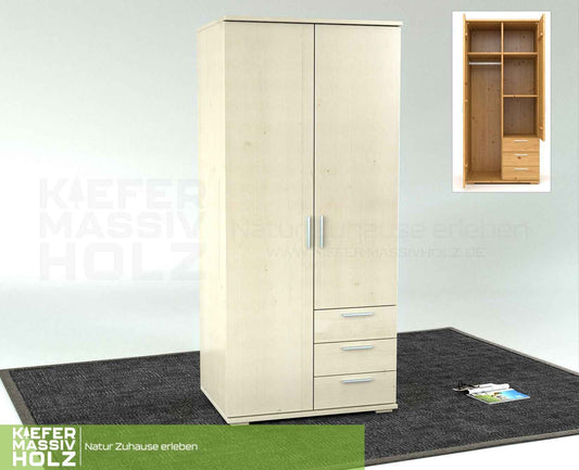 Armoire Nobis en pin massif bio | 2 portes avec penderie & 3 tiroirs