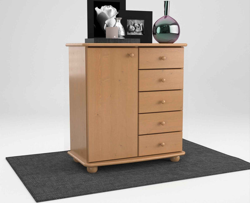Anika Kommode Bio Kiefer Massivholz | Sideboard mit 5 Schubladen und 1 Tür