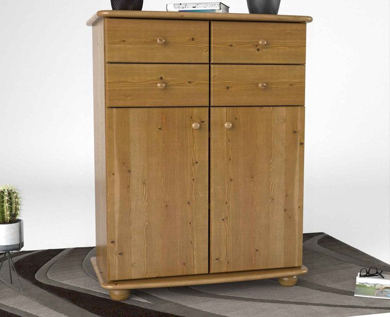 Anika Kommode Sideboard aus 100% Bio Kiefer Massivholz | 2-Türig | 4 Schubladen Anrichte