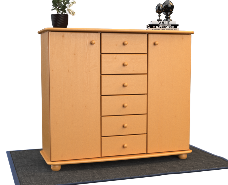Anika Kommode Bio Kiefer Massivholz | 2-Türig Sideboard mit 6 Schubladen