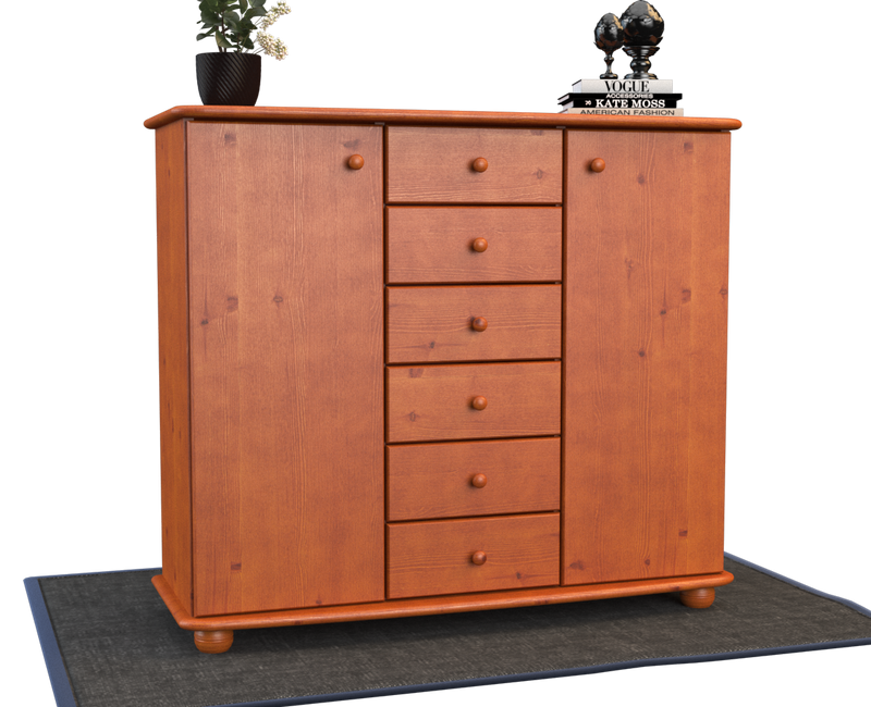 Anika Kommode Bio Kiefer Massivholz | 2-Türig Sideboard mit 6 Schubladen