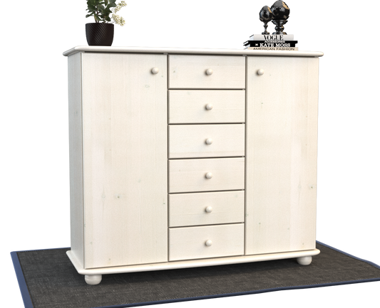 Anika Kommode Bio Kiefer Massivholz | 2-Türig Sideboard mit 6 Schubladen