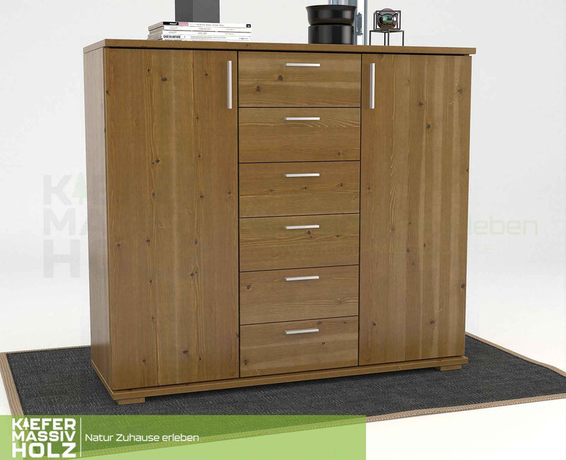 Nobis Kommode aus massivem Kiefernholz | Sideboard mit 2 Türen und 6 Schubladen | 107 cm hoch | 100% Bio Kiefer Massivholz