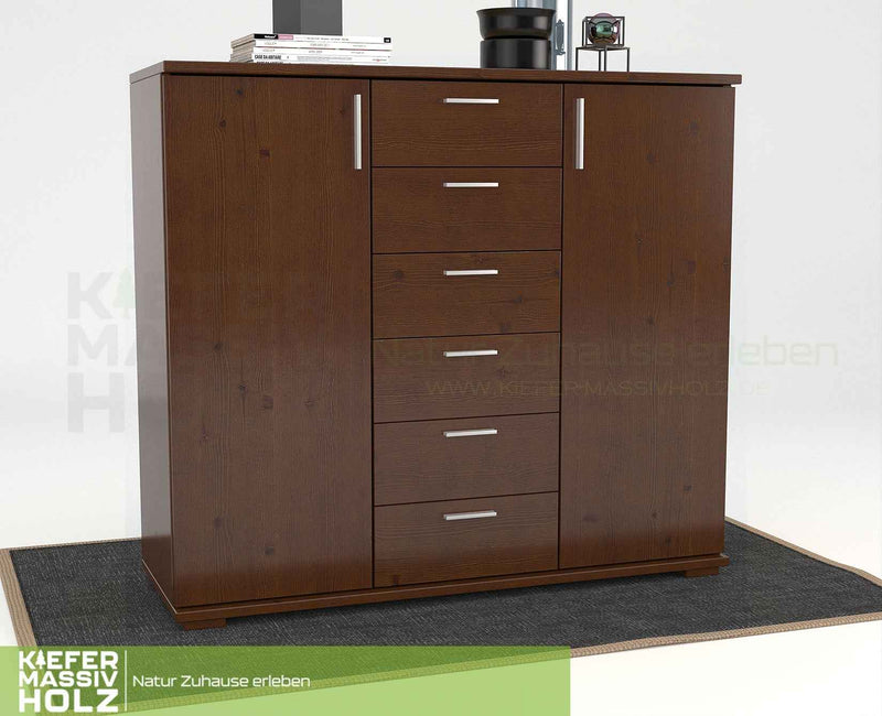 Nobis Kommode aus massivem Kiefernholz | Sideboard mit 2 Türen und 6 Schubladen | 107 cm hoch | 100% Bio Kiefer Massivholz