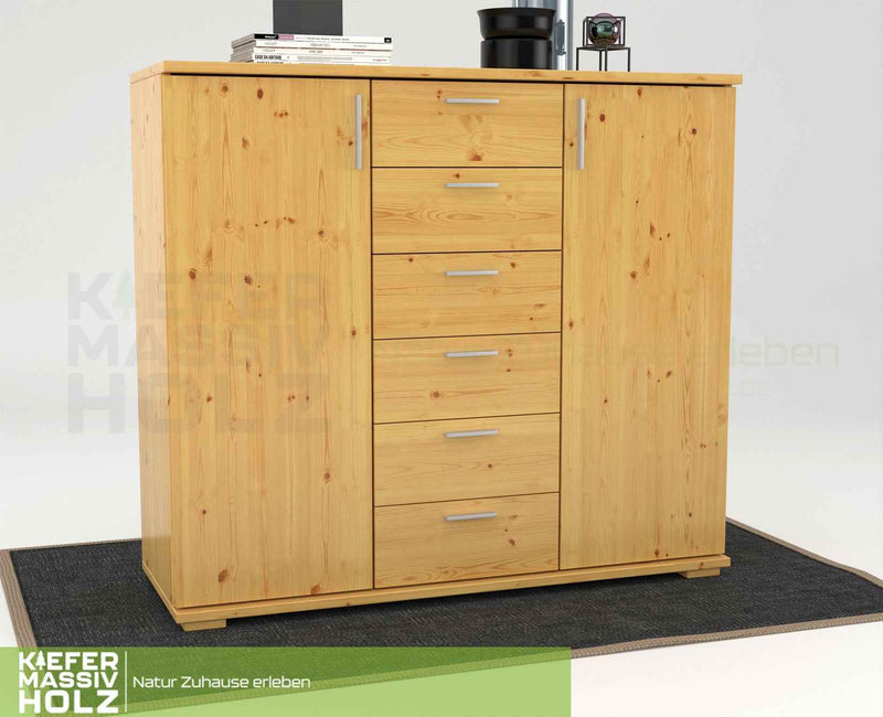 Nobis Kommode aus massivem Kiefernholz | Sideboard mit 2 Türen und 6 Schubladen | 107 cm hoch | 100% Bio Kiefer Massivholz