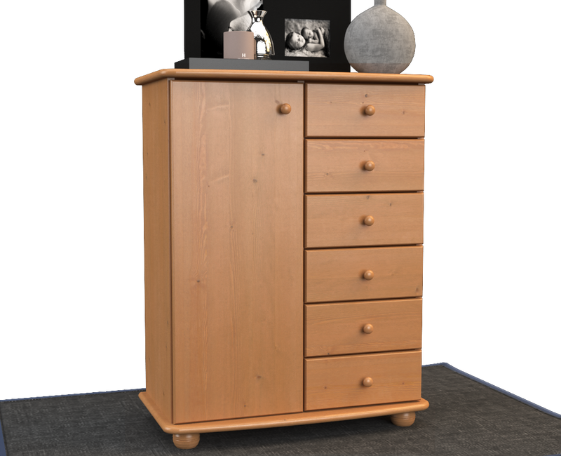 Anika Kommode 100% Bio Kiefer Massivholz | Sideboard mit 6 Schubladen und 1 Tür aus solidem Holz