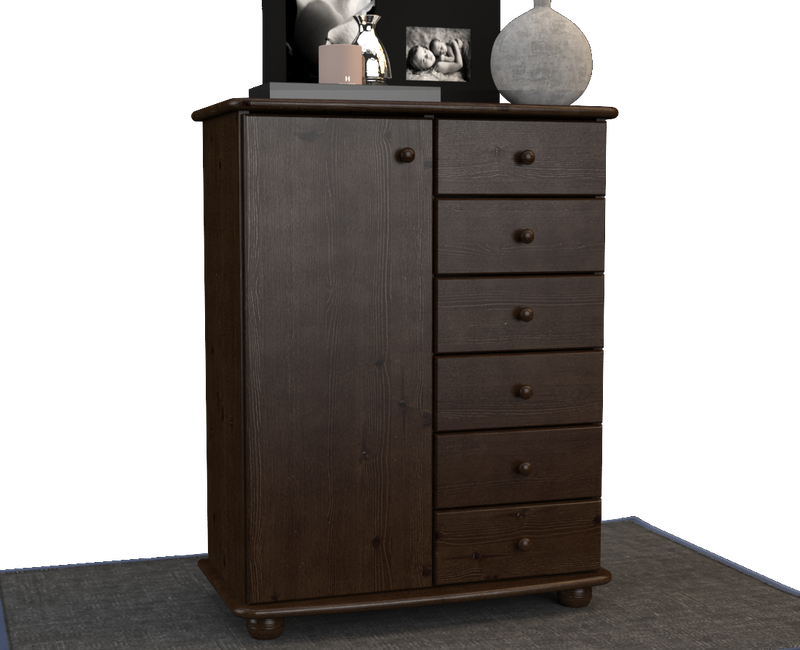 Anika Kommode 100% Bio Kiefer Massivholz | Sideboard mit 6 Schubladen und 1 Tür aus solidem Holz