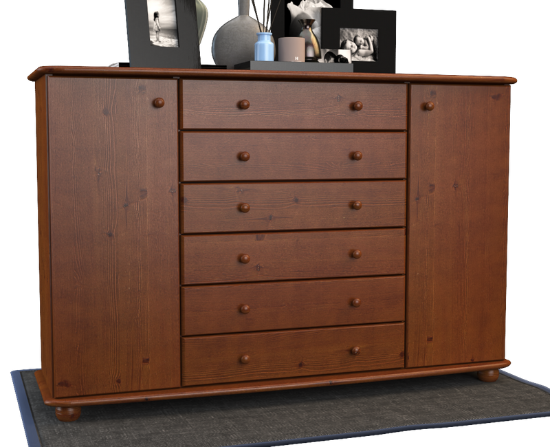 Anika Kommode XL Kiefer Massivholz | Sideboard mit 2 Türen & 6 Schubladen | 100% Bio Qualität