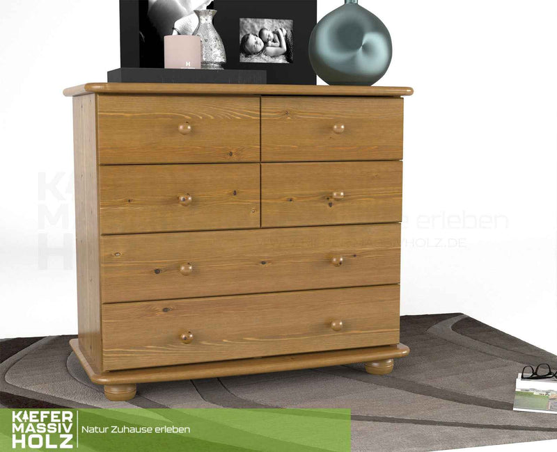 Claudia Kommode Bio Kiefer Massivholz | Sideboard mit 6 Schubladen | Anrichte aus 100% nachhaltigem Holz