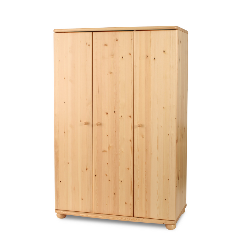 Claudia Kleiderschrank aus Bio Kiefer Massivholz | 3-Türig mit 5-Regalböden und Kleiderstange