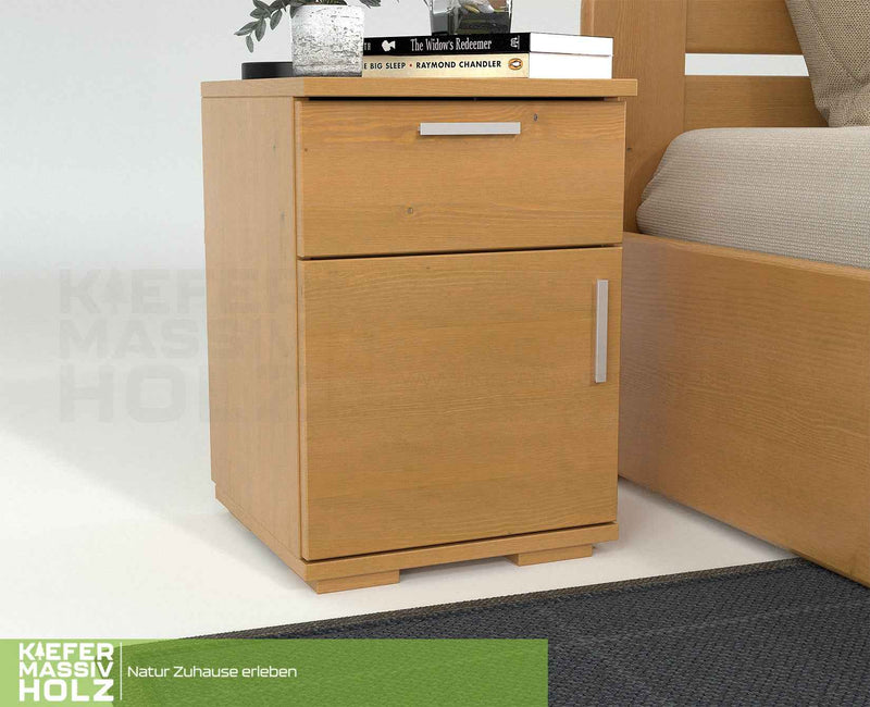 Nobis Kiefer Nachttisch | Massivholz Nachtschrank mit 1 Schublade und 1 Tür | 100% Bio Kiefer