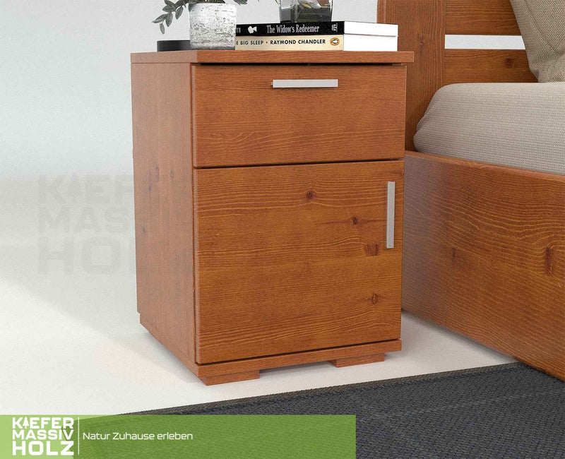 Nobis Kiefer Nachttisch | Massivholz Nachtschrank mit 1 Schublade und 1 Tür | 100% Bio Kiefer