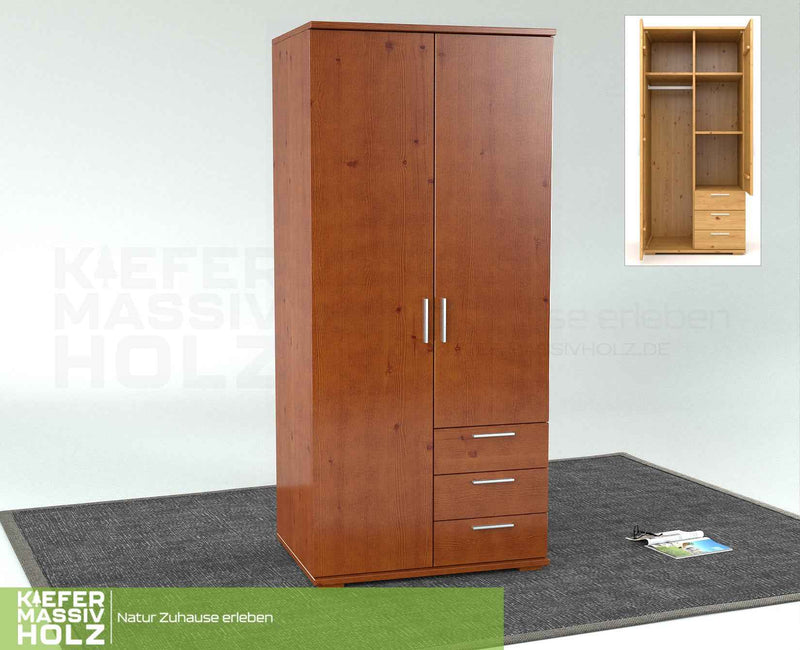 Nobis Kleiderschrank Bio Kiefer Massivholz | 2-türig mit Kleiderstange & 3 Schubladen