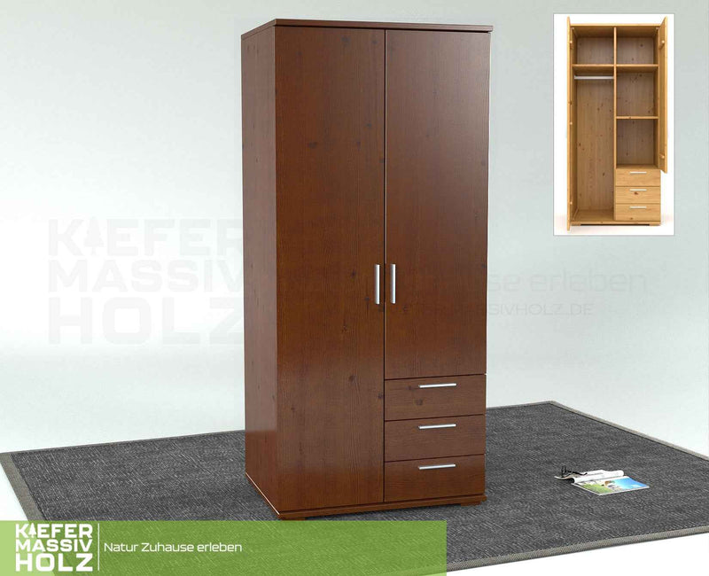Nobis Kleiderschrank Bio Kiefer Massivholz | 2-türig mit Kleiderstange & 3 Schubladen