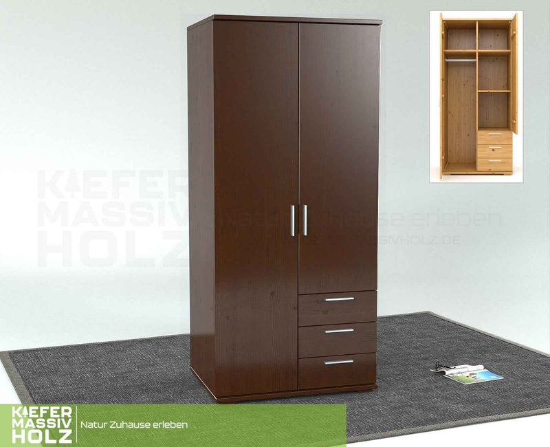 Nobis Kleiderschrank Bio Kiefer Massivholz | 2-türig mit Kleiderstange & 3 Schubladen