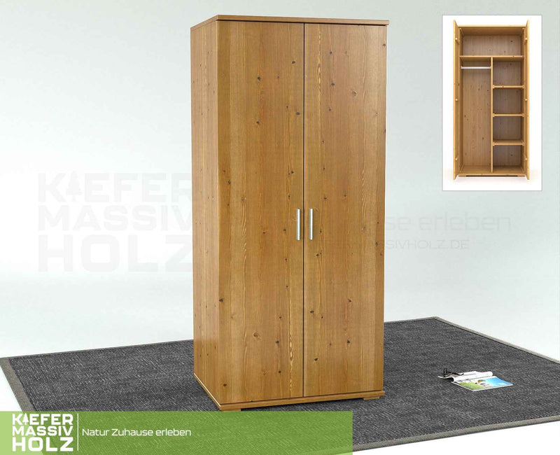 Nobis Kleiderschrank Bio Kiefer | 2-Türig mit Kleiderstange und Regalen aus 100% massivem Holz