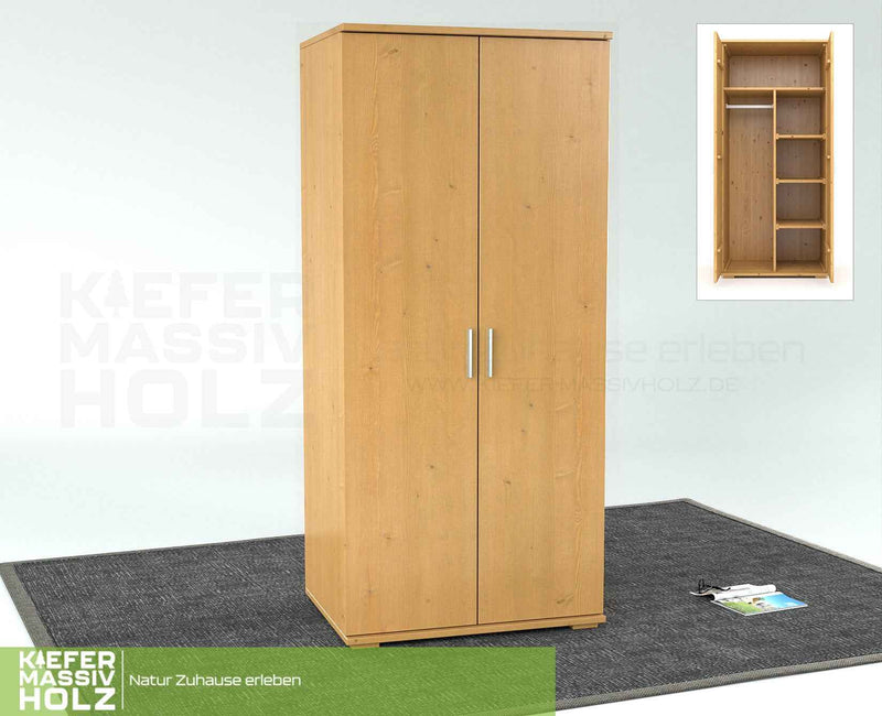 Nobis Kleiderschrank Bio Kiefer | 2-Türig mit Kleiderstange und Regalen aus 100% massivem Holz