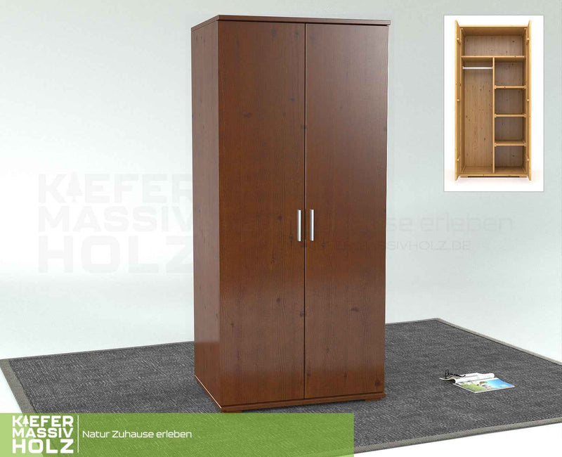 Nobis Kleiderschrank Bio Kiefer | 2-Türig mit Kleiderstange und Regalen aus 100% massivem Holz