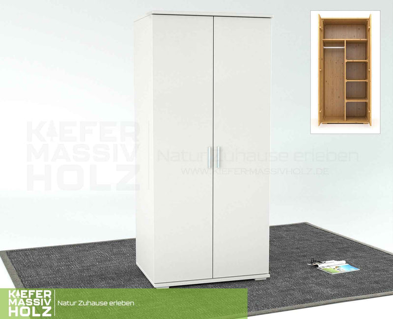 Nobis Kleiderschrank Bio Kiefer | 2-Türig mit Kleiderstange und Regalen aus 100% massivem Holz