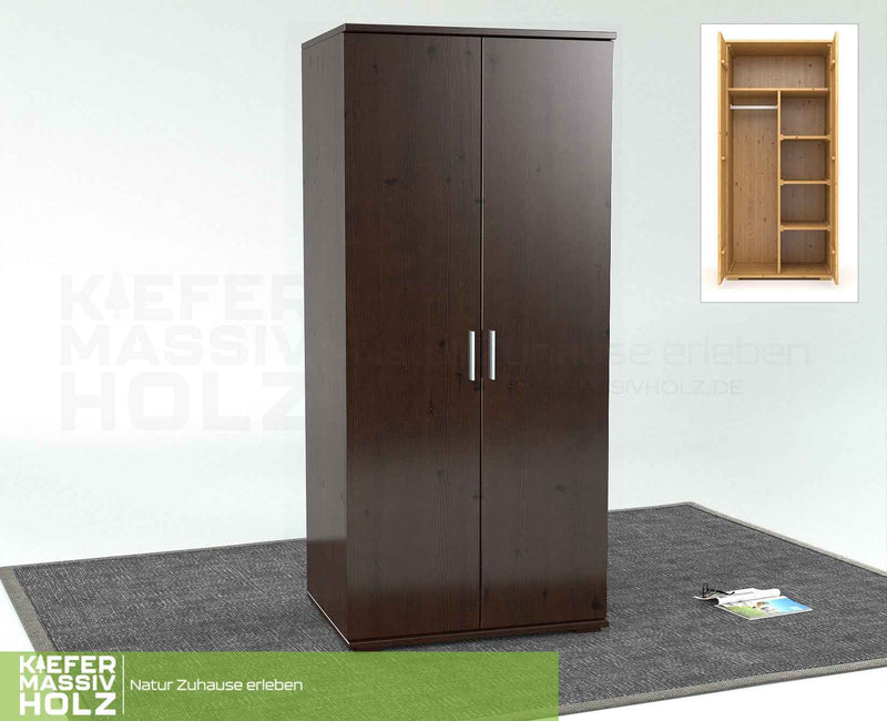 Nobis Kleiderschrank Bio Kiefer | 2-Türig mit Kleiderstange und Regalen aus 100% massivem Holz