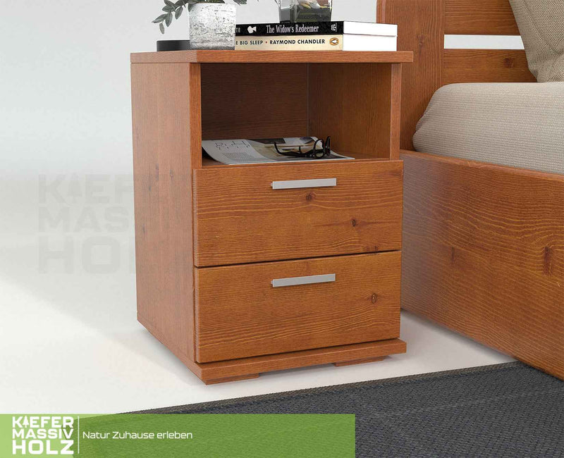 Nobis Nachttisch Kiefer massiv | 2-Schubladen Nachtschrank mit Regal | 100% Bio Kiefer