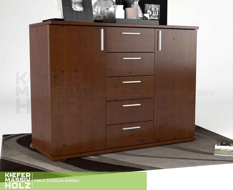 Nobis Kommode Bio Kiefer Massivholz 120-er | 5-Schubladen Sideboard | 2-Türig Anrichte