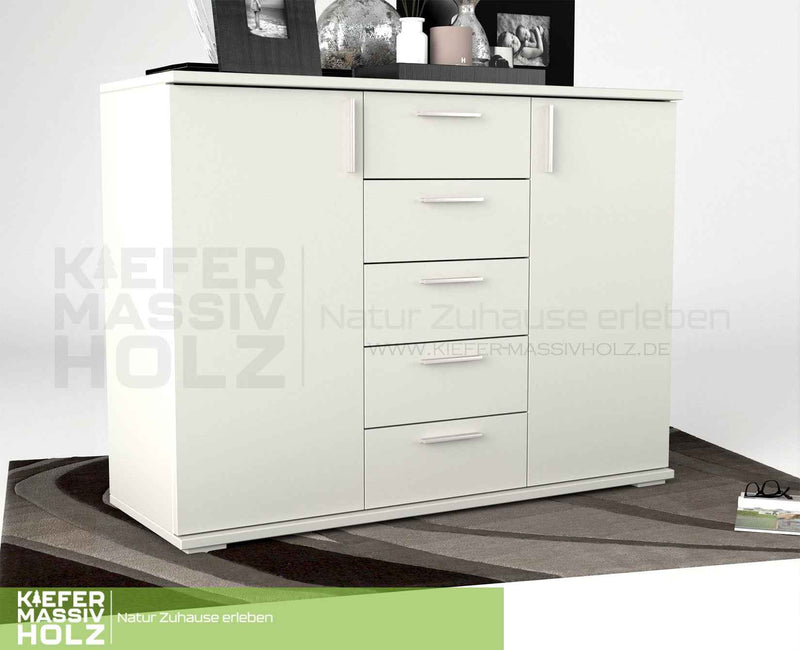 Nobis Kommode Bio Kiefer Massivholz 120-er | 5-Schubladen Sideboard | 2-Türig Anrichte