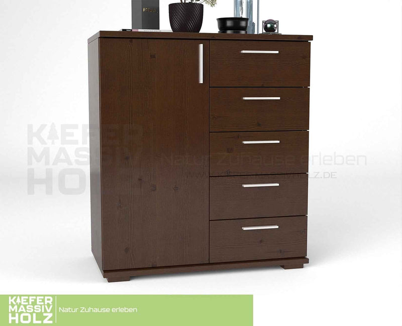 Nobis Kommode 90-er | Sideboard aus 100% Bio Kiefer Massivholz | 5-Schubladen, 1-Türig Anrichte