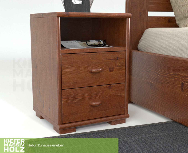 Vanessa Kiefer Massivholz Nachttisch Kiefer mit 2 Schubladen und 1 Regal aus 100% Bio Kiefer