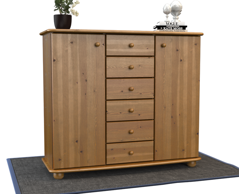 Anika Kommode Bio Kiefer Massivholz | 2-Türig Sideboard mit 6 Schubladen