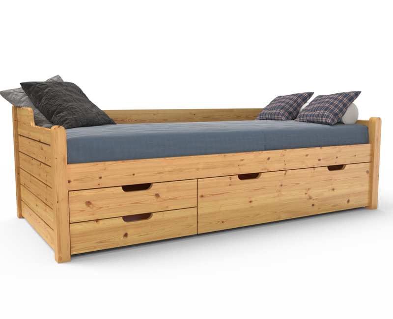 Einzelbett 90x200cm Bio-Kiefer Massivholz mit 3 Schubladen als Gästebett
